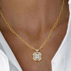 Gold Halo Paperclip Chain Round Cut White Sapphire Pendant Necklace For Women