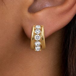 Gold Round Cut White Sapphire Hoop Earrings For Women 