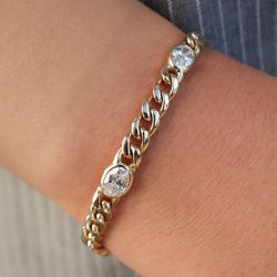 Bezel Gold Oval Cut White Sapphire Cuban Link Bracelet For Women