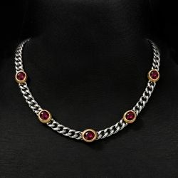 Two Tone Bezel Oval Cut Ruby Sapphire Curb Chain Choker Necklace For Women