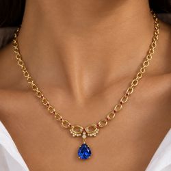 Pear Cut Blue Sapphire Gold Oval Link Chain Pendant Necklace For Women 