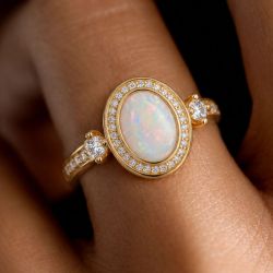 Gold Halo Oval Cut Opal Engagement Ring For Women