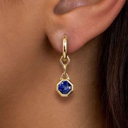 Golden Bezel Lozenge Motif Asscher Cut Blue Sapphire Drop Earrings For Women