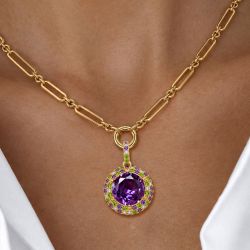 Golden Halo Round Cut Peridot & Amethyst Sapphire Paperclip Chain Pendant Necklace For Women