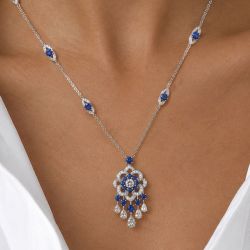 Floral Halo Round Cut Blue Sapphire Tassel Pendant Necklace For Women
