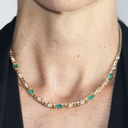 Gold Bezel Oval Cut Emerald Sapphire Curb Chain Necklace For Women