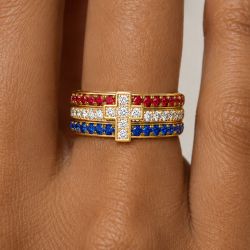 Gold Three Row Round Cut Blue & Ruby Sapphire Cross Ring Wedding Band For Women