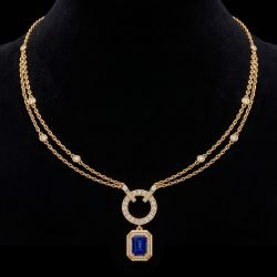 Gold Chain Halo Emerald Cut Blue Sapphire Double Layer Pendant Necklace For Women