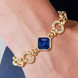 Gold Asscher Cut Blue Sapphire Link Bracelet For Women