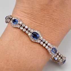 Art Deco Halo Milgrain Bezel Oval Cut Blue Sapphire Bracelet For Women