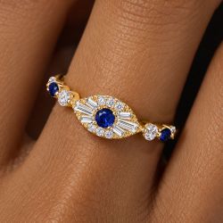 Evil Eye Gold Round Cut Blue Sapphire Cocktail Ring Engagement Ring For Women