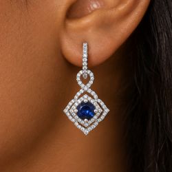 Vintage Geometric Double Halo Round Cut Blue Sapphire Drop Earrings For Women