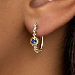 Gold Bezel Set Round Cut Blue Sapphire Hoop Earrings For Women
