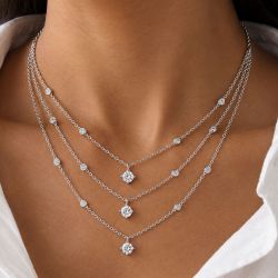 Round Cut White Sapphire V-Shaped Multi Strand Layering Necklace For Women Wedding Jewelry 