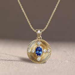 Gold Oval Cut Blue Sapphire Retro Disc Charm Pendant Necklace For Women