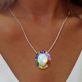 Rainbow Halo Oval Cut Opal Pendant Necklace For Women 