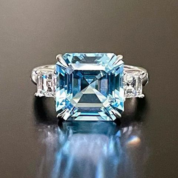 Three Stone Asscher Cut Aquamarine Sapphire Engagement Ring N2023
