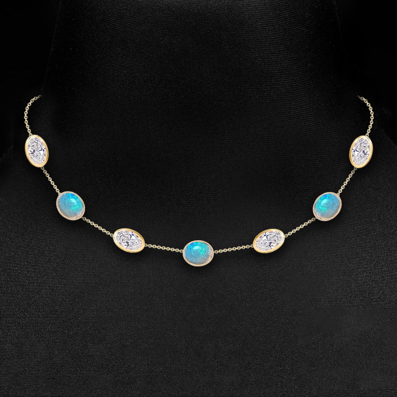 Golden Bezel Oval Cut Opal Tennis Necklace For Women