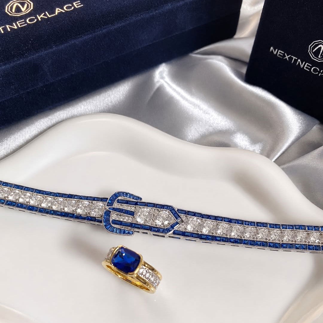 Art Deco Round Cut Blue Sapphire Bracelet For Women 