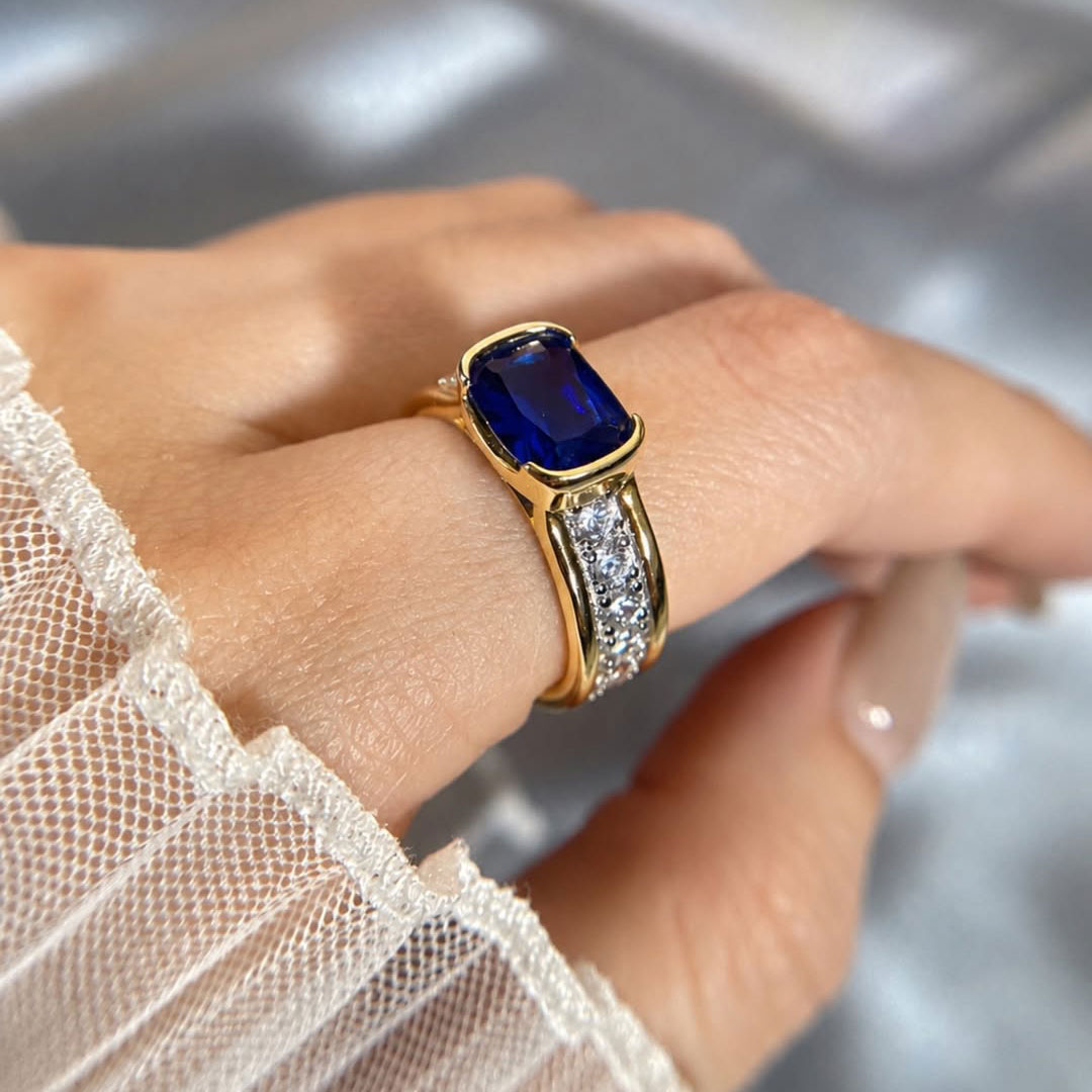 Two Tone Bezel Cushion Cut Blue Sapphire Engagement Ring For Women Wedding Jewelry 3.46 Ct 
