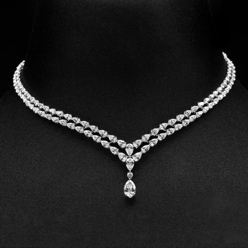 Classic Two Row Pear Cut White Sapphire Pendant Wedding Necklace For Women